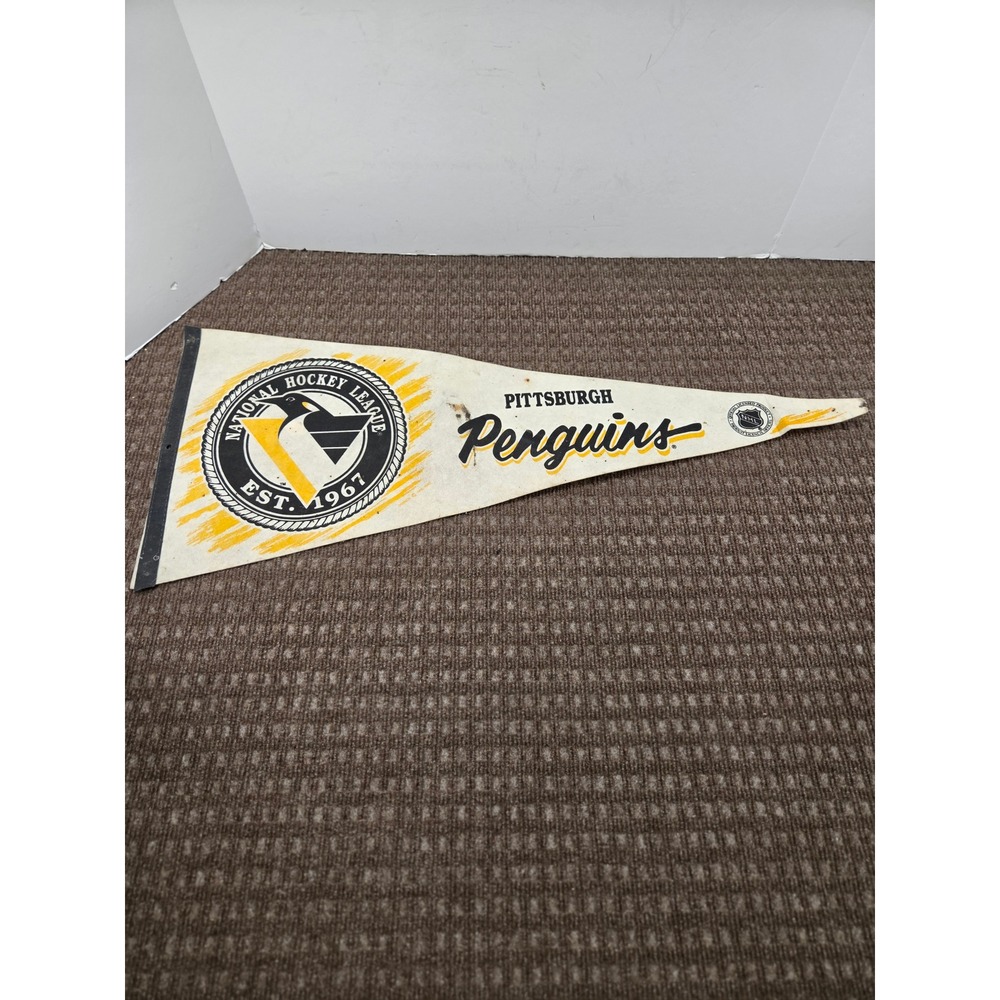 Vintage 1990 Pittsburgh Penguins NHL Felt Pennant 29 x 12 White Yellow Black
